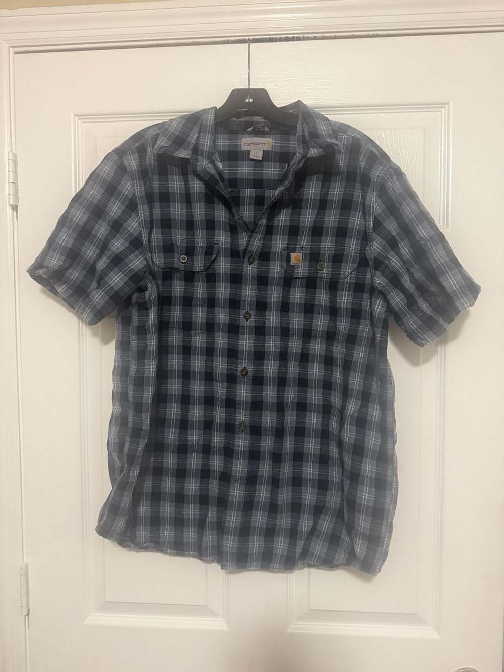 Carhartt Short Sleeve Plaid Button-Up Shirt Size L Blue Check Casual